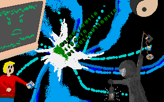 Here's our best effort high quality submission for the AA2022 contest.
This masterpiece is called:

"The Quantum Portal opening and Retronic Energy surge at Billy and Tim's trial for not giving their souls to Scratches Poker and subsequent channeling of said energy by Helmet Guy. Circa 2022 (colorized)"

But you can just refer to it as "Retronic Energy Surge of 2022"